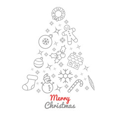 Christmas tree thin line icons. Christmas ornament decoration, candy stick, ginger house and men, sock, holly berry, sparkles, lights and stars. Vector illustration.