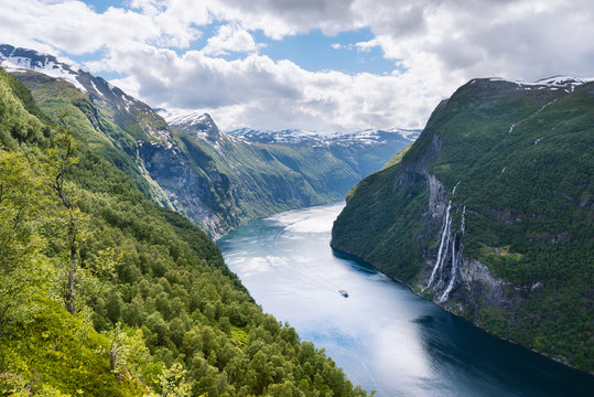 Summer landscape with fjord and waterfall, Norway