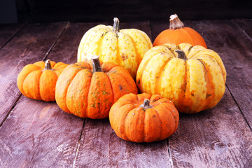 Many orange pumpkins on wooden background, Halloween concept.