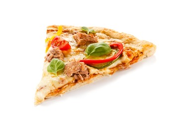 Piece of pizza with tuna on white background 