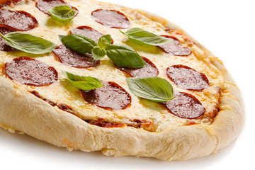Pizza salami on white background 