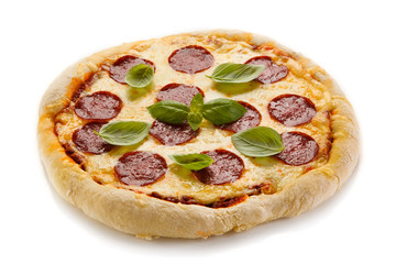 Pizza salami on white background 