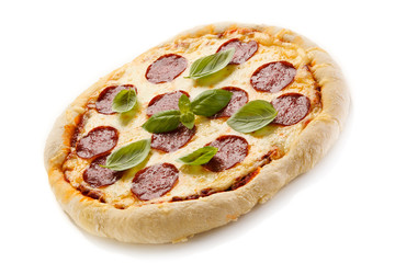 Pizza salami on white background 