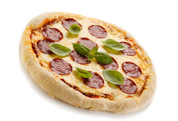 Pizza salami on white background 