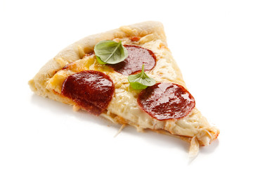 Piece of pizza salami on white background 