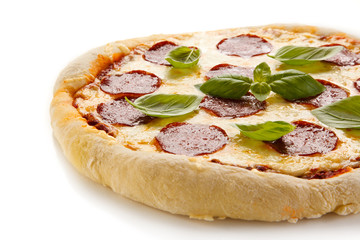 Pizza salami on white background 