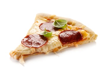 Piece of pizza salami on white background 