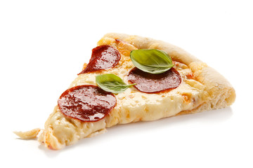 Piece of pizza salami on white background 