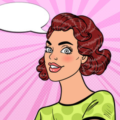 Pop Art Beautiful Young Girl Smiling with Comic Speech Bubble. Portrait of Pretty Woman. Vector illustration