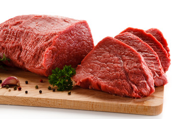 Fresh raw beef steaks on white background 