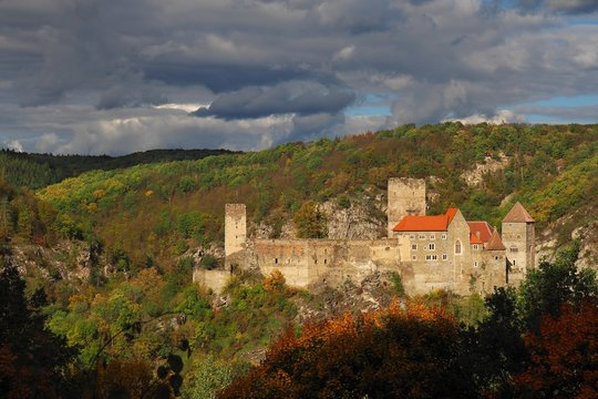 Beautiful castle Hardegg in colorful autumn nature, gold leaf, Austria