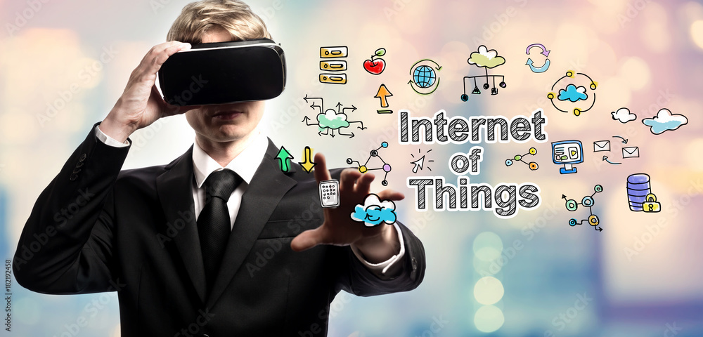 Poster internet of things text with businessman using a virtual reality headset