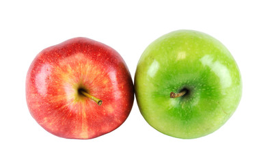 green and red apples on white background