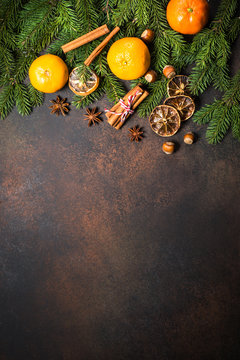 Christmas spices and  nuts. Food background top view.