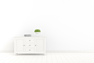 Clean living room interior with a wooden cupboard on white wall background. 3D rendering.