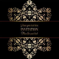 Vintage baroque Wedding Invitation template with damask background. Tradition decoration for wedding. Vector illustration in black and gold
