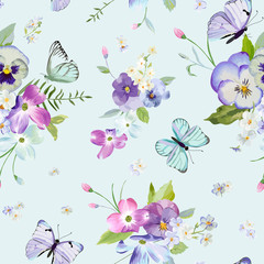 Fototapeta na wymiar Seamless Pattern with Blooming Flowers and Flying Butterflies in Watercolor Style. Beauty in Nature. Background for Fabric, Textile, Print and Invitation. Vector illustration