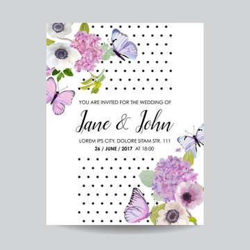 Save the Date Card Wedding Invitation Template. Botanical Card with Hydrangea Flowers and Butterflies. Greeting Floral Postcard. Vector illustration