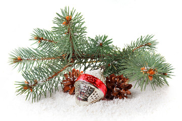 Vintage Christmas tree decoration and cones on a white background