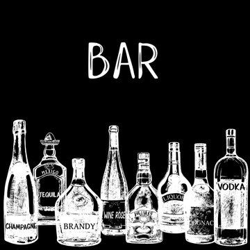 Hand drawn sketch style bottles of alcohol. Vector illustration isolated on black background.