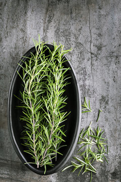 Fresh Rosemary Top View on Grunge Wood Background