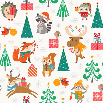 Christmas seamless pattern for children with cute forest animals, gift boxes, Christmas trees and snowflakes.