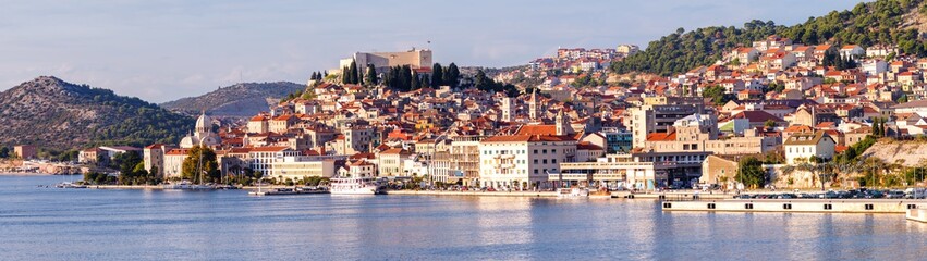 Fototapeta na wymiar Large panorama of Unesco heritage historic town of Sibenik on Adriatic sea, Dalmatia, Croatia