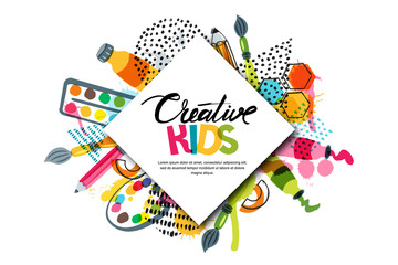 Fototapeta premium Kids art craft, education, creativity class concept. Vector horizontal banner or poster with white square paper background, hand drawn letters, pencil, brush, watercolor paints. Doodle illustration.