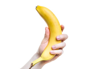 Holding a banana in the hand on white background