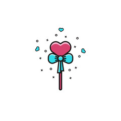 Fototapeta na wymiar Heart shaped lollipop decorated with ribbon bow - flat color line icon. Love candy symbol for Valentine's Day celebration, wedding, engagement parties.