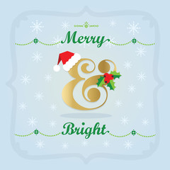 Golden and colorful Christmas Holiday Merry and Bright with hat, mistletoe, and snowflakes decoration icons on blue gradient background