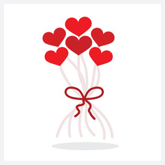 Abstract bunch of red heart shape helium balloons decoration with a bow icon on white background