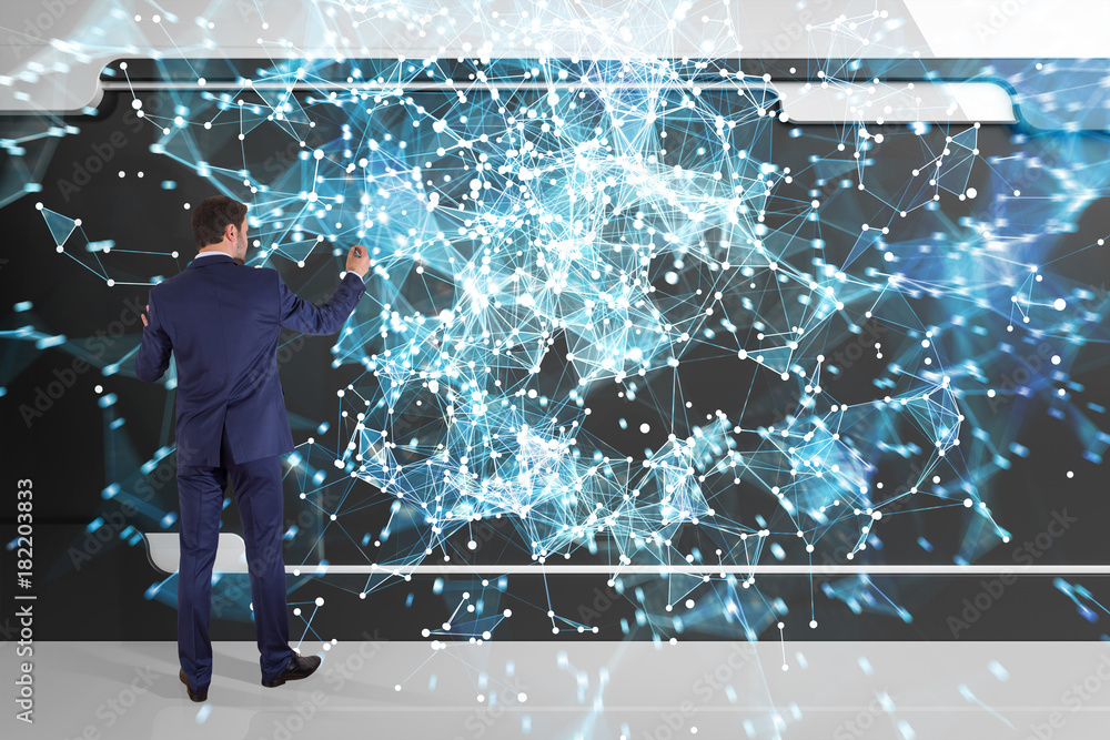 Poster Businessman using connection network on a wall 3D rendering