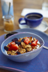 Close up dishes and tableware with vegetarian meal and morning food