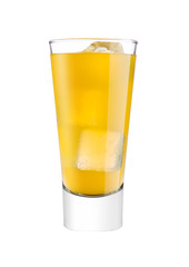 Glasses with orange soda drink and ice cubes