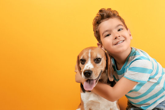 Cute Boy With Dog On Color Background