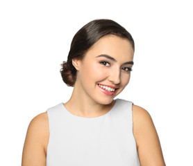 Fototapeta premium Portrait of beautiful young woman on white background