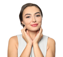 Portrait of beautiful young woman on white background