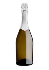 Bottle of yellow champagne on white