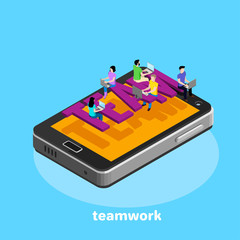 smartphone top view, an icon in the isometric style on a blue background, people are working at the computer at a remote job