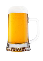 Cold glass of lager beer with foam and dew