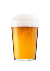Cold glass of lager beer with foam and dew