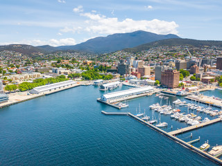An an aerial view of Constitution Dock in Hobart, Tasmania, Australia on a sunny day - obrazy, fototapety, plakaty