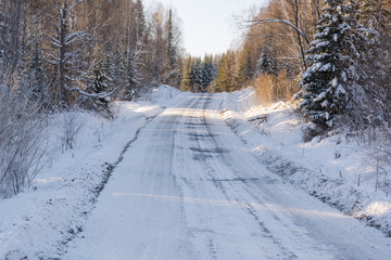 The winter road in the wood. The road in Siberia in the winter.