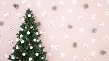 christmas tree with Pine cone, Snowflake and ribbon on light pink background - artwork for christmas day or happy new year - 3D illustration