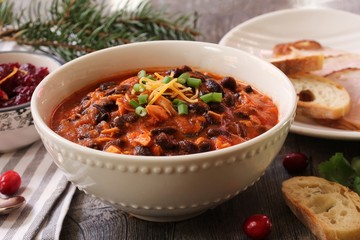 Homemade Bowl of  Turkey Chili with beans and scallions / Thanksgiving Leftovers - obrazy, fototapety, plakaty