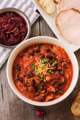 Homemade Turkey Chili with beans and scallions / Thanksgiving Leftovers