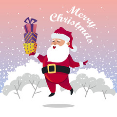 Merry Christmas. cheerful Santa with gifts. vector cartoon illustration