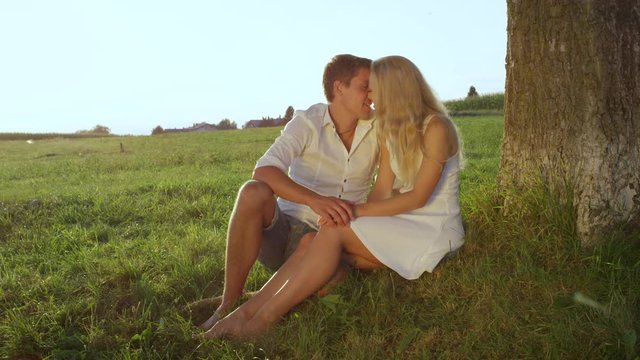 SLOW MOTION CLOSE UP: Young affectionate couple talking and kissing in a sunny meadow. Beautiful boy and girl on a romantic date in summer. Newlyweds sit under a tree embracing and kissing each other