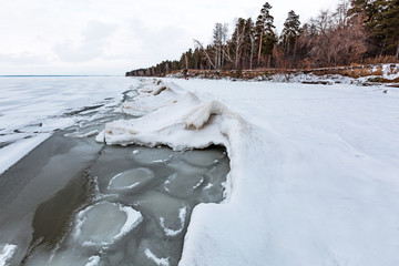 Winter ice landscape on the river. The Ob River, Siberia